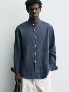 Men’s Zara Collarless Linen Button Down (Navy)